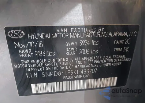 2019 Hyundai Elantra Sel z USA, uszkodzony, nr VIN 5NPD84LF5KH433207